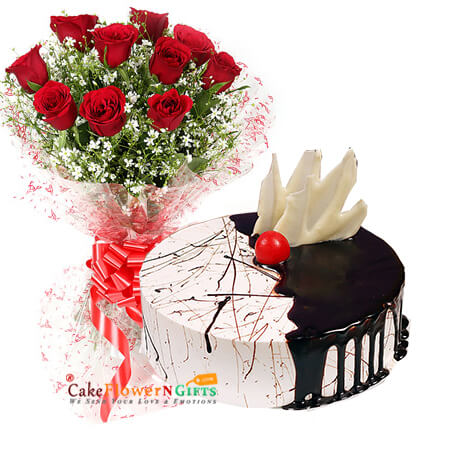 1kg choco vanilla cake 10 red roses bouquet