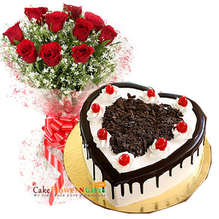 send 1kg eggless heart shape black forest cake 10 red roses bouquet delivery