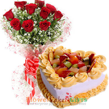 send half kg eggless heart shape fruit cake 10 red roses bouquet delivery