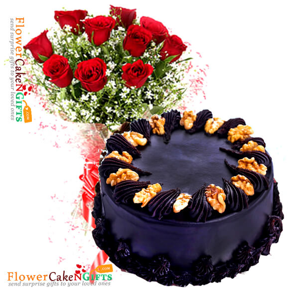 send 1kg eggless walnut choco cake n 10 roses bouquet delivery