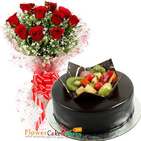 send half kg eggless chocolate fruit cake n 10 roses bouquet delivery