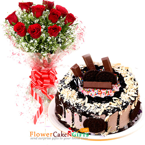 send half kg eggless cashew kitKat oreo dream drip cake n 10 roses bouquet delivery