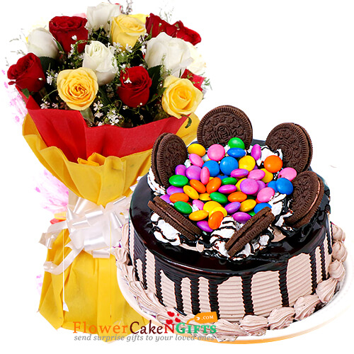 send 1kg oreo gems cake n 10 roses bouquet delivery
