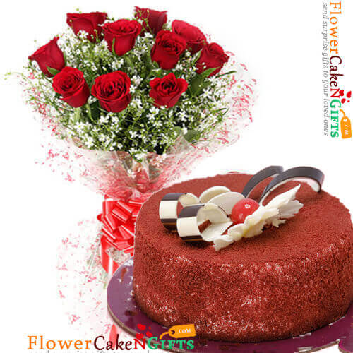 send 1kg red velvet cake n 10 roses bouquet delivery