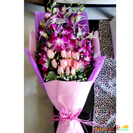 send 10 orchid 10 pink rose paper packing bouquet delivery