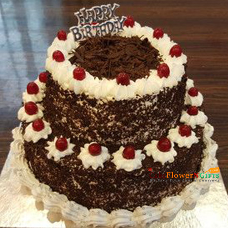 send 2kg  2 tier step black forest cake round shape delivery