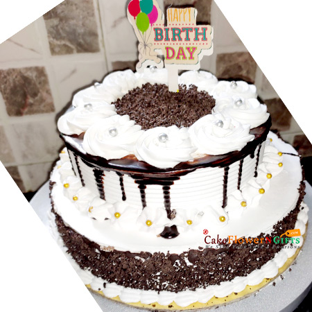 send 2kg 2 tier step black forest cake round shape delivery