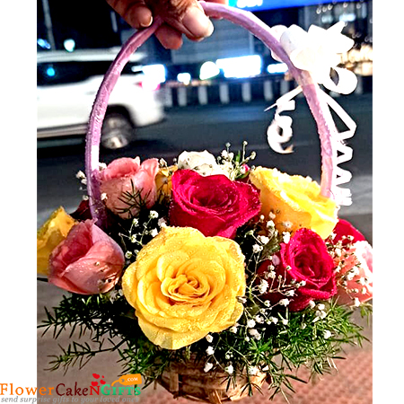 send 15 mix designer roses flower basket delivery