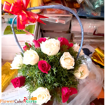 send 15 red n white roses basket delivery