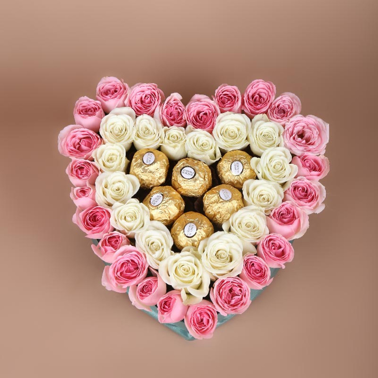 send 30 Pink 16 White Roses 6 Ferrero Rocher heart shape arrangement delivery