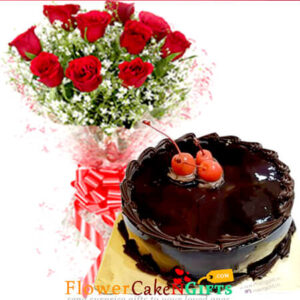 eggless chocolate cake Round shape and 10 red roses bouquet delivery in danapur patna