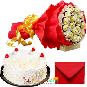 white forest cake and 16 Ferrero Rocher Chocolate Bouquet