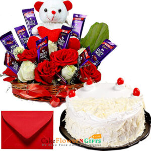 half kg white forest cake in special roses teddy chocolate basket