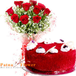red velvet cake and 10 red roses bouquet