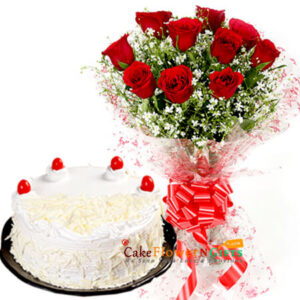 white forest cake and 10 red roses Bouquet