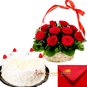 white forest cake and 15 red roses basket