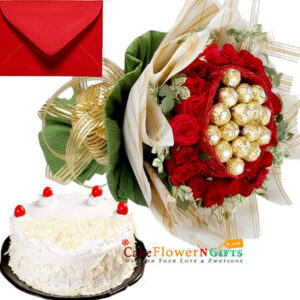 white forest cake and 20 red roses with 16 Ferrero Rocher Chocolate Bouquet