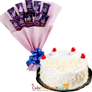white forest cake and dairy milk chocolate bouquet
