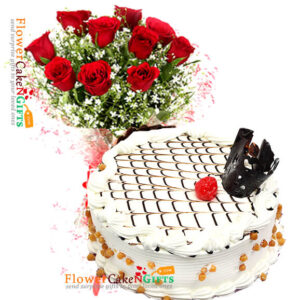 eggless-affable-butterscotch-cake-n-10-roses-bouquet