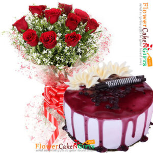 midnight sameday eggless-blueberry-vanilla-cake-and-10-roses-bouquet home delivery
