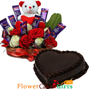 roses-flower-n-teddy-chocolate-arrangement-N-half-kg-chocolate-cake-heart-shape