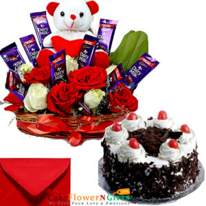 black forest cake n teddy roses chocolate combo gifts