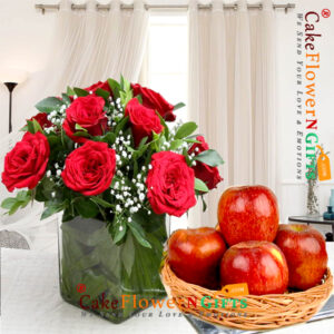 order online birthday 10 red roses vase with 1kg fresh apples in a basket home delivery sameday or midnght