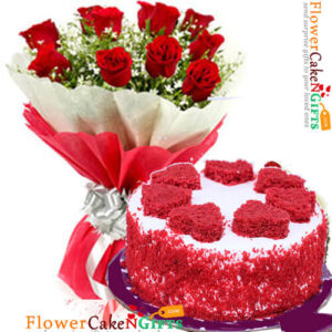 red velvet designer cake and red roses bouquet