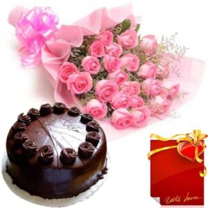 Chocolate-Truffles-Cake-with-Pink-Roses-Bunch-Greeting