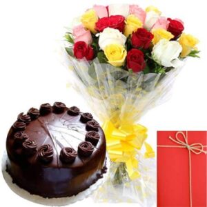 Chocolate-Truffles-Cake-with-Mix-Roses-Bunch-Greeting-Card