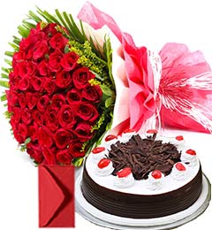 50 red roses bouquet and eggless black forest cake round shape