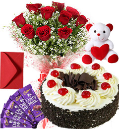 midnight sameday black forest cake 10 red roses bouquet teddy home delivery birthday
