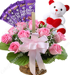 15 pink roses basket teddy chocolate