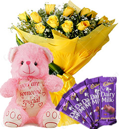 midnight birthday Gift of 10 yellow Roses Bouquet Chocolate Teddy Bear home delivery