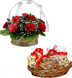 15 red roses with dry fruits gift basket online