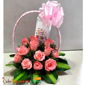 15 pink roses flower basket