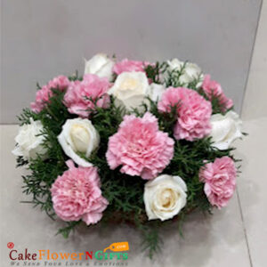 15 white roses pink carnations flower basket
