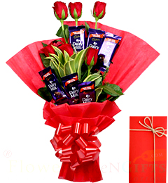 6 red roses flower and dairy milk chocolate bouquet under 500