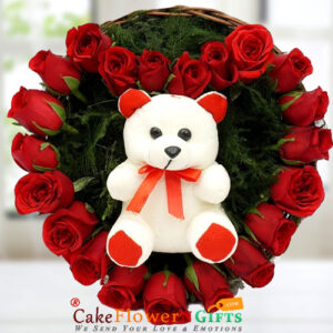 midnight heart-shape-basket-arrangement-of-Roses-n-teddy home delivery