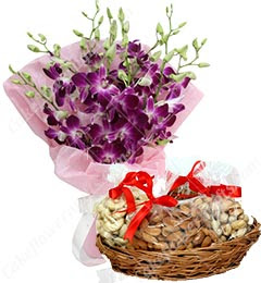 midnight sameday orchid bouquet and dry fruits hamper home delivery