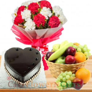 half-kg-heart-shape-chocolate-cake-3-kg-fresh-fruit-basket-n-12-Carnation-bouquet