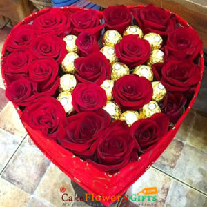 midnight birhday personalized floral arrangement with a heart-shaped 20 red roses and 16  Ferrero rocher