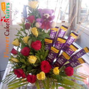 midnight birthday 15-yellow-red-roses-teddy-n-10-chocolate-bouquet