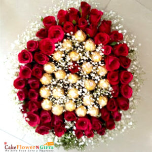50 red roses 24 ferocher chocolate heart shape bouquet