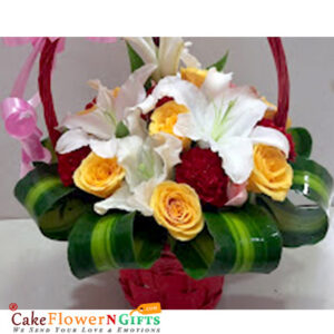 6 roses 6 carnations 2 lilies basket
