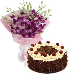 midnight birthday Eggless-Black-Forest-Cake-Half-Kg-N-Orchids-Bouquet