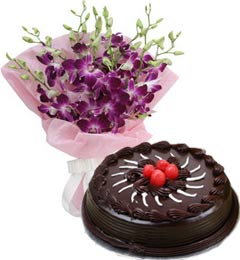 midnight birthday choclate Cake N Orchids Bouquet home delivery