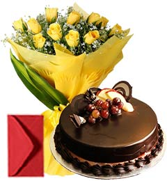 Chocolate-Truffle-Cake-Half-Kg-N-Yellow-Roses-Bouquet