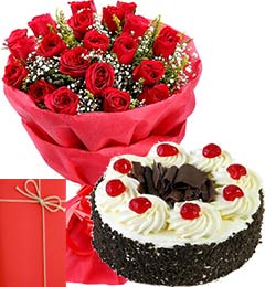 birthday eggless 25-Red-Roses-Bouquet-with-Half-Kg-Black-Forest-Cake-n-Greeting-Card midight home delivery near me