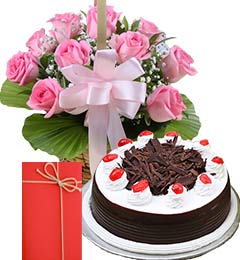 Black-Forest-Cake-with-Pink-Roses-Bouquet-n-Greeting-Card home delivery